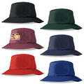 A collection of Poly Viscose Bucket Hats in black, green, burgundy, navy, red, and an embroidered design on one hat.
