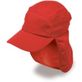 A red Poly Viscose Legionnaire hat featuring a wide peak and neck flap, with a logo on the side.