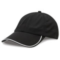 A black cap with a curved brim and white piping, featuring a logo on the front.