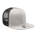 A grey and black trucker cap with a flat peak and mesh back, featuring a logo on the front.