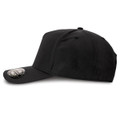 A black cap with a curved visor and a logo on the front, featuring a six-panel design.