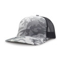 A grey and white camouflage trucker cap with a mesh back and a curved brim. It features a logo on the front.