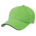 A green cap with a soft sandwich peak and a contrasting trim, featuring a logo on the front.