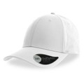A white cap with a curved visor, featuring a brand logo on the side.