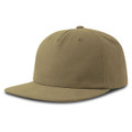 A flat peak cap in olive green, featuring a solid design and a logo on the front.