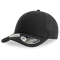 A black cap with a curved visor and a logo on the side, designed for headwear.