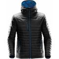 A black puffer jacket with a blue interior, featuring a hood and zippered pockets, and has a logo.