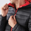 A Men's Stavanger Thermal Jacket in black with a red interior, featuring a zip and hood. It has a logo on the sleeve.