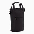A drink bottle cooler in black fabric with a zippered pocket and two sturdy handles. Features branding on the side.