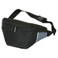 A black and grey waist bag with a zip closure and an adjustable strap, featuring a logo.