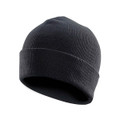 A black knit beanie with a ribbed texture and a folded cuff, featuring a branding logo.