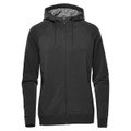 A black women's full zip hoodie with a hood and raglan sleeves, featuring a logo on the front.