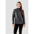 A women's fleece hoody in dark grey, featuring a front zipper and a hood, worn by a model.