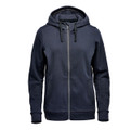 A navy women's fleece hoody with a front zip, hood, and kangaroo pocket. Features a logo on the front.