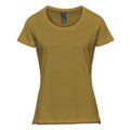 A women's short sleeve tee in a mustard yellow colour, featuring a round neckline and a logo.