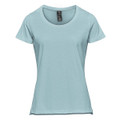 A light blue women's short sleeve tee featuring a round neckline and a logo on the label.