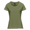 A green women's short sleeve tee with a round neckline and a logo on the label.