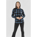 A long-sleeve button-up shirt in navy and black check pattern, featuring two chest pockets and a logo.