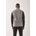 A grey men's Sherpa fleece vest with a high collar, featuring a logo on the back.