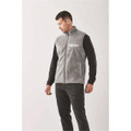 A men's grey sherpa fleece vest with a front zipper and a pocket, modelled by a man.