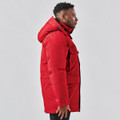 A red Men's Denali Parka jacket with a hood, featuring side pockets and a tailored fit.
