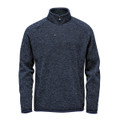 A navy blue pullover jumper with a quarter zip, featuring a chest pocket and textured fabric.