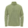 A green men's quarter zip pullover with a textured finish and a front zip pocket. Features a logo on the chest.