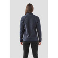 A navy women's 1/4 zip pullover with a high collar and a fitted design, featuring a logo on the sleeve.