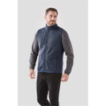 Men's Avalante Full Zip Fleece Vest in navy and grey, featuring a zippered front and side pockets. Includes a logo.