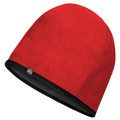 A red fleece toque with a black lining and a small logo on the edge.