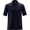 A navy blue polo shirt with a collar and short sleeves, featuring a logo on the chest area.