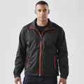 A black jacket with red accents and a zippered front, featuring side pockets and a stand-up collar.