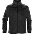 A black jacket featuring a zip front, a collar, and pockets, with a logo on the left side.