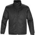 A black thermal jacket with a high collar, featuring zip pockets and a logo. Suitable for various outdoor activities.