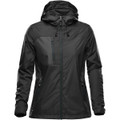 A women's rain jacket in black, featuring a hood and zippered pockets, with a logo on the front.