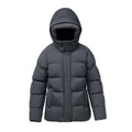 A women's thermal jacket in dark grey, featuring a hood and a puffy design, with a logo on the chest.