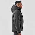 A men's thermal jacket in black featuring a hood, displayed on a model from the side. Includes a logo.