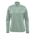 A green women's 1/4 zip pullover jumper with long sleeves and a collar. It features a logo on the front.