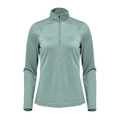A women's 1/4 zip pullover in a soft green colour, featuring long sleeves and a high collar. It has a logo.