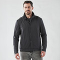 A men's Soho jacket in black, featuring a collared design and a button front, worn by a model.