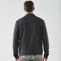 A man wearing a dark grey men's Soho jacket, viewed from the back, against a plain background.
