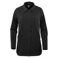 A black women's jacket featuring a collared neckline and side pockets, with a sleek, minimalist design.