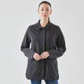 A women's jacket in dark grey with a collar and long sleeves, featuring a logo.