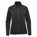 A women's soft shell jacket in dark green with a zip closure and high collar. It features a logo on the fabric.