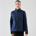 A navy women's softshell jacket featuring a zip front and a high collar, with side pockets and a logo.