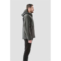 Men's insulated softshell jacket in dark grey, featuring a hood and a side profile view. Includes branding.