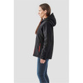 A black softshell jacket with a hood and red accents, displayed on a model from the side.