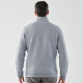 A grey men's thermal 1/4 zip pullover featuring a back view and a logo on the garment.