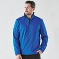 A blue men's 1/4 zip anorak jacket with a front zipper and a logo on the chest.
