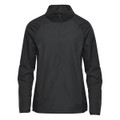 A black women's 1/4 zip anorak rain jacket with a logo. Features raglan sleeves and a high collar.